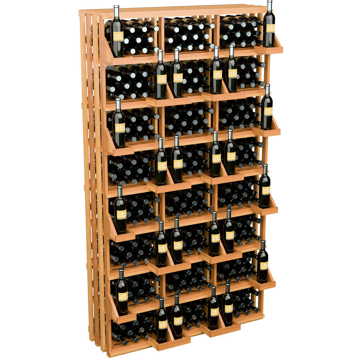 Light wood wine bottle wall display with multiple levels and bottles stored in rows