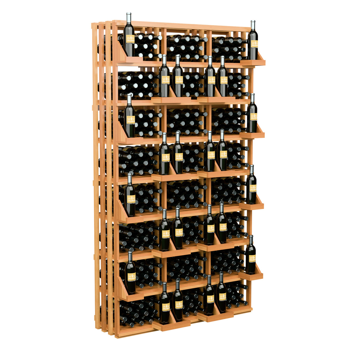 Light wood wine bottle wall display with stacked shelves and bottle storage bins