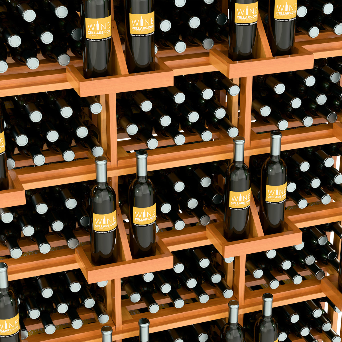 Wood wine bottle display rack with tiered shelves holding bottles in black cutouts
