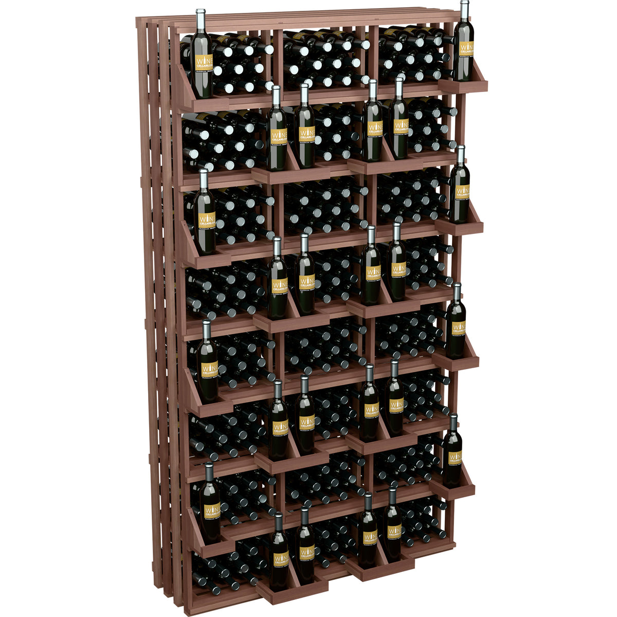Dark wood wall bottle display with multi-tier shelves and wine bottles