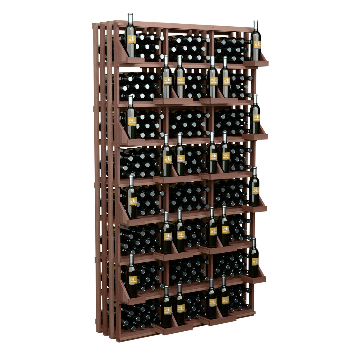 Wood wine bottle wall display with open shelves holding 312 bottles