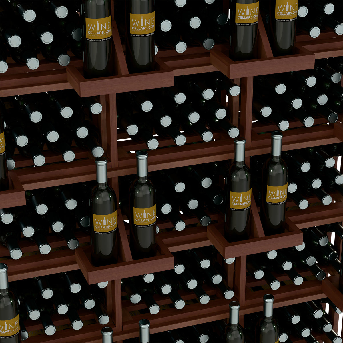 Close-up of dark wood wine bottle rack with black bottles in cubby shelves