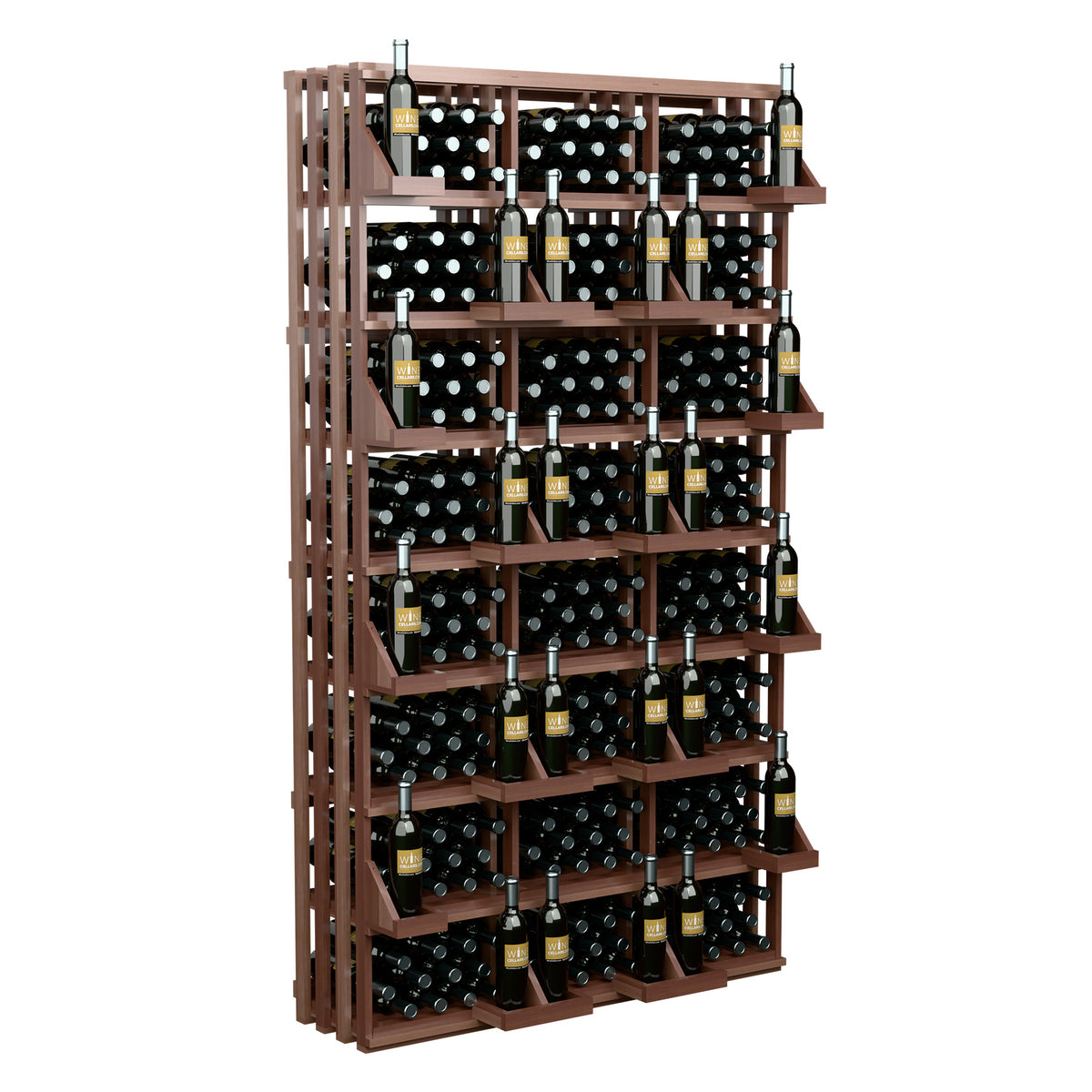 Wood wine bottle display rack with tiered rows and bottles arranged front to back