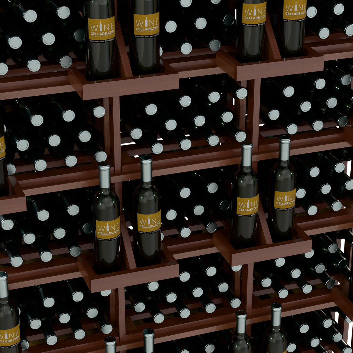 Wood wine bottle wall display with tiered shelves and bottles in black circular holders