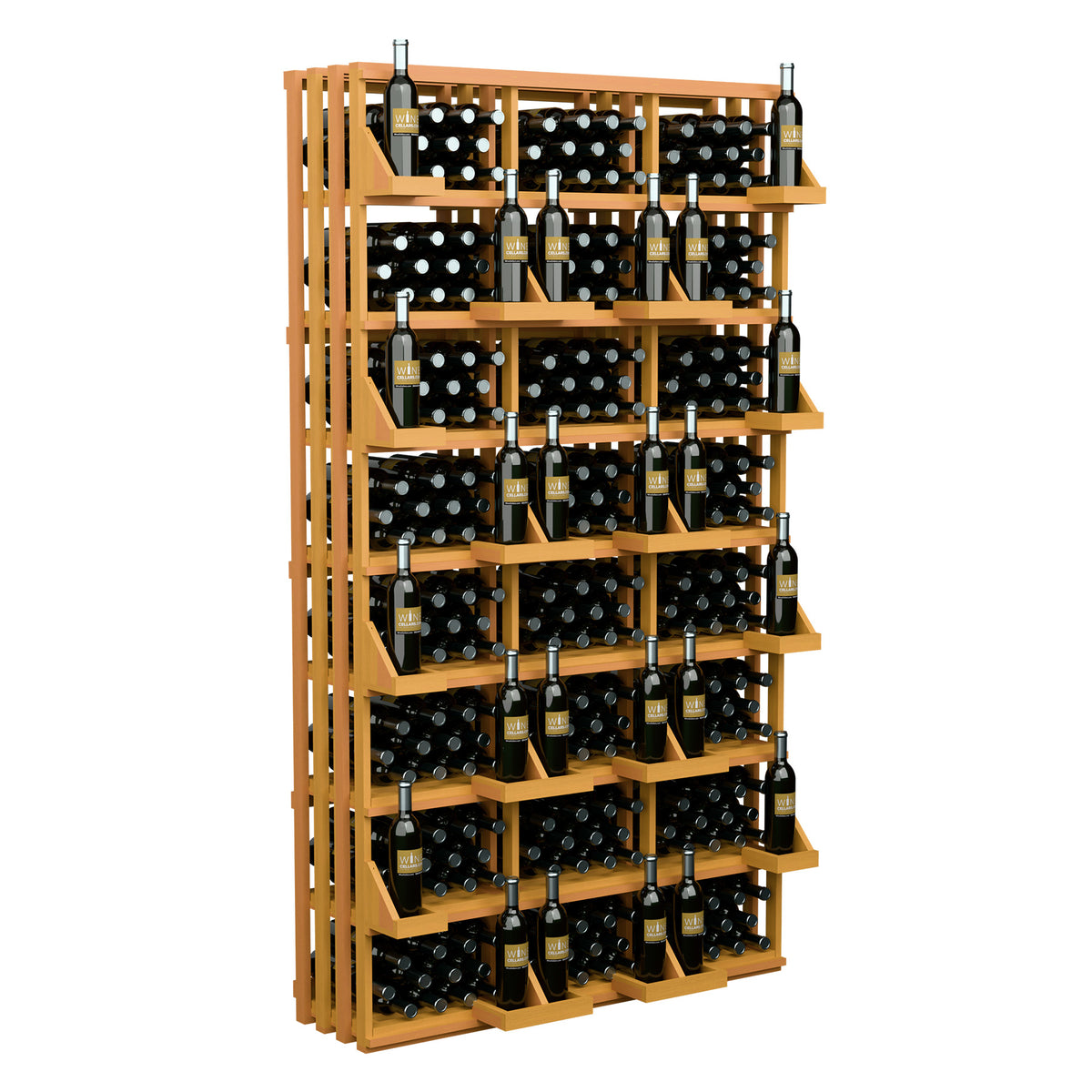Warm wood wine bottle wall display with open shelves holding 312 bottles