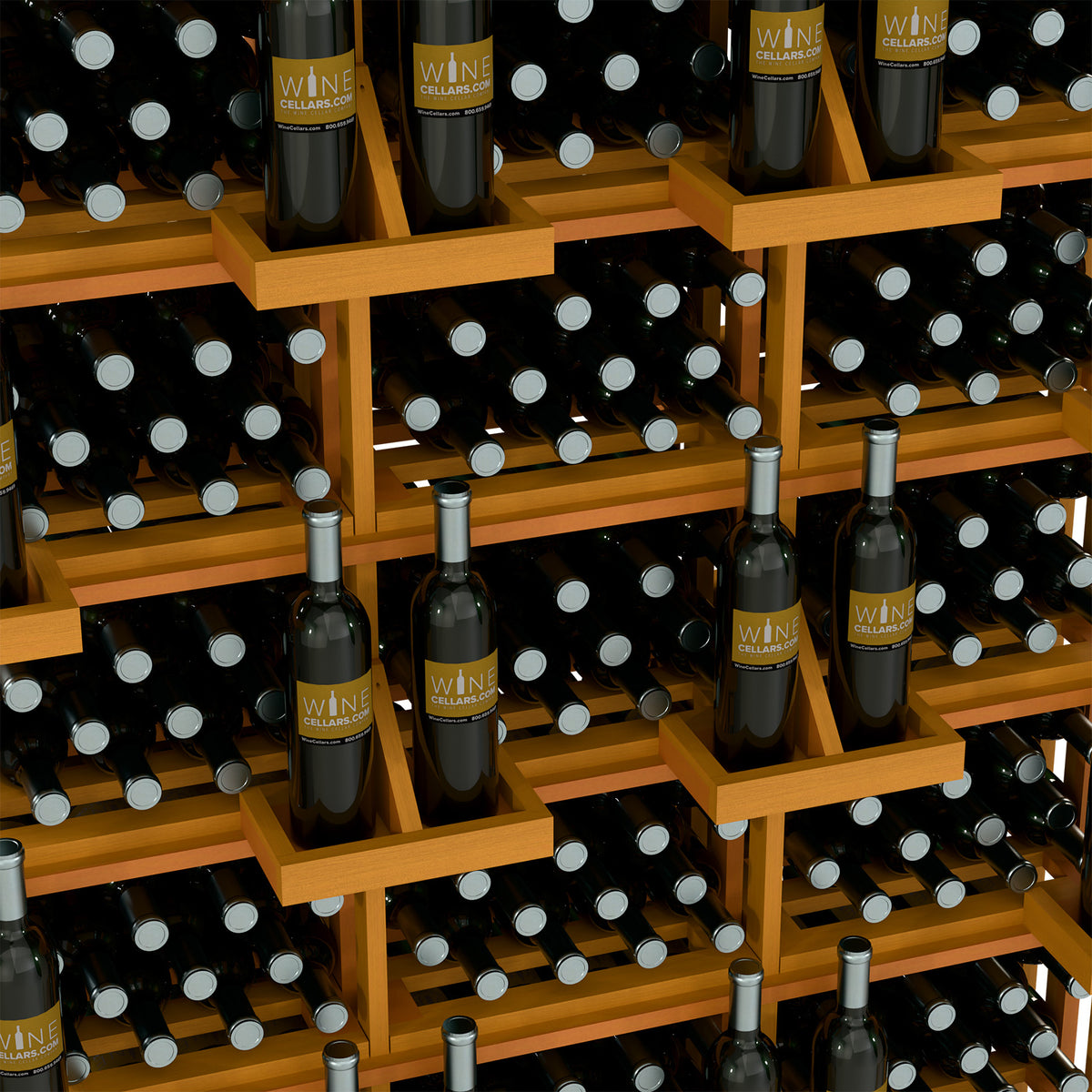 Close-up of light wood wine bottle rack with bottles arranged in a grid