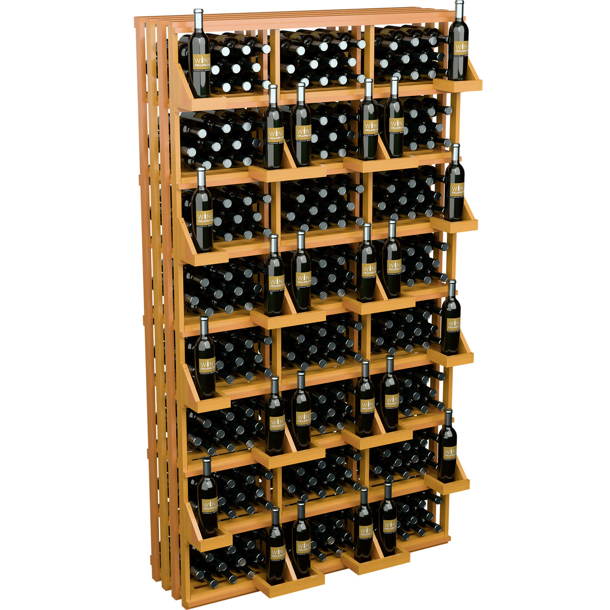 Light wood wine bottle display rack with many bottle slots across stacked shelves