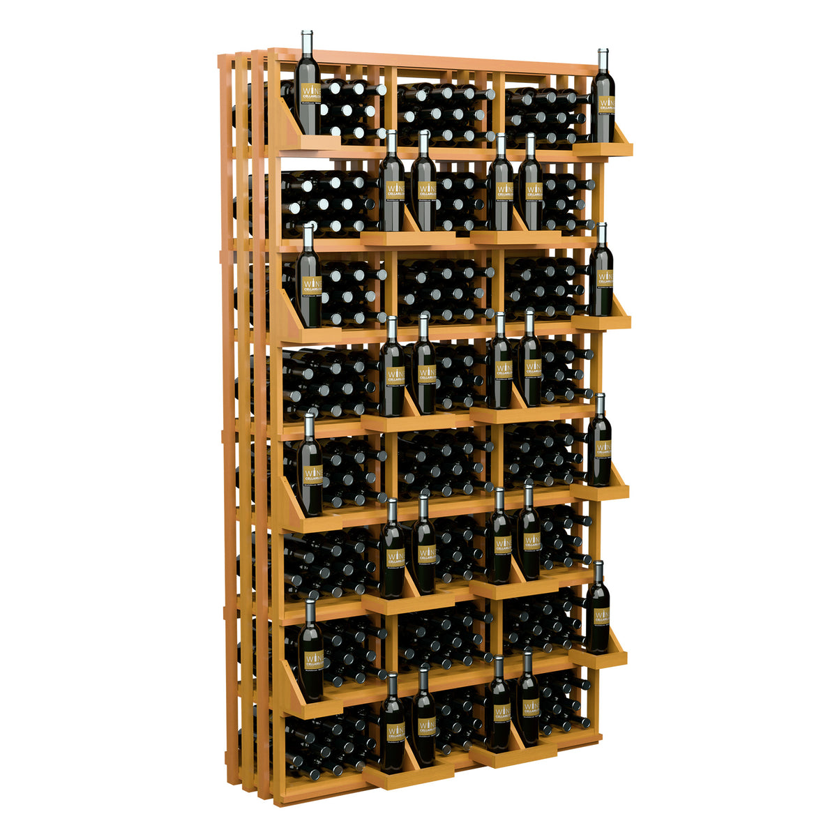Wood wine bottle rack with stacked shelves holding bottles in black circular inserts