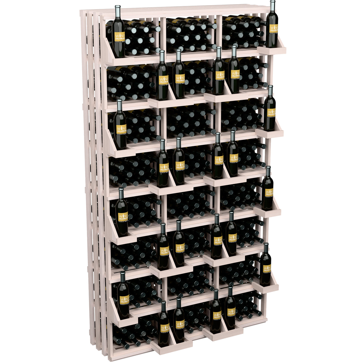 Whitewashed wood wine bottle wall display with open shelves holding 312 bottles