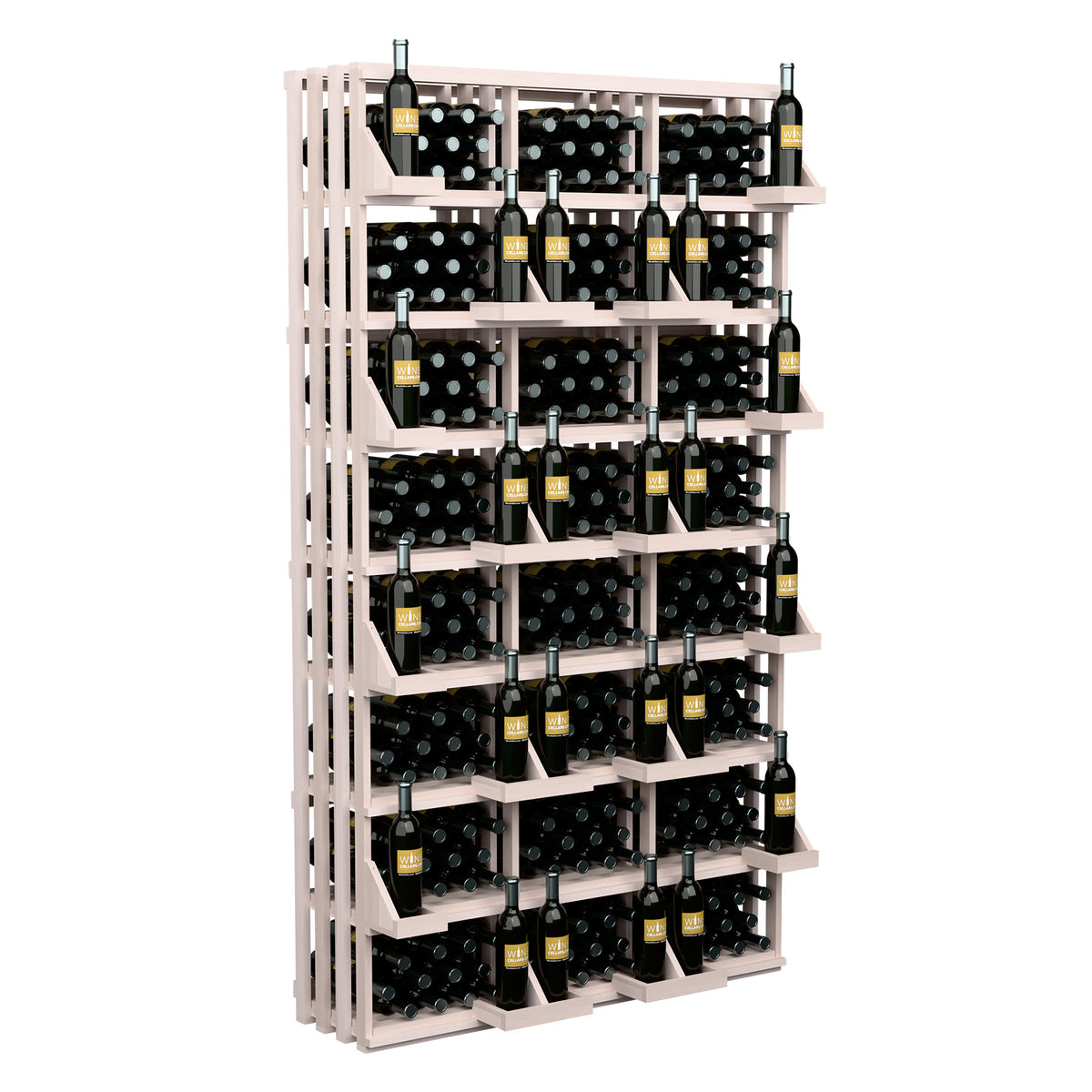 Light wood wine bottle wall display with open shelves holding 312 bottles