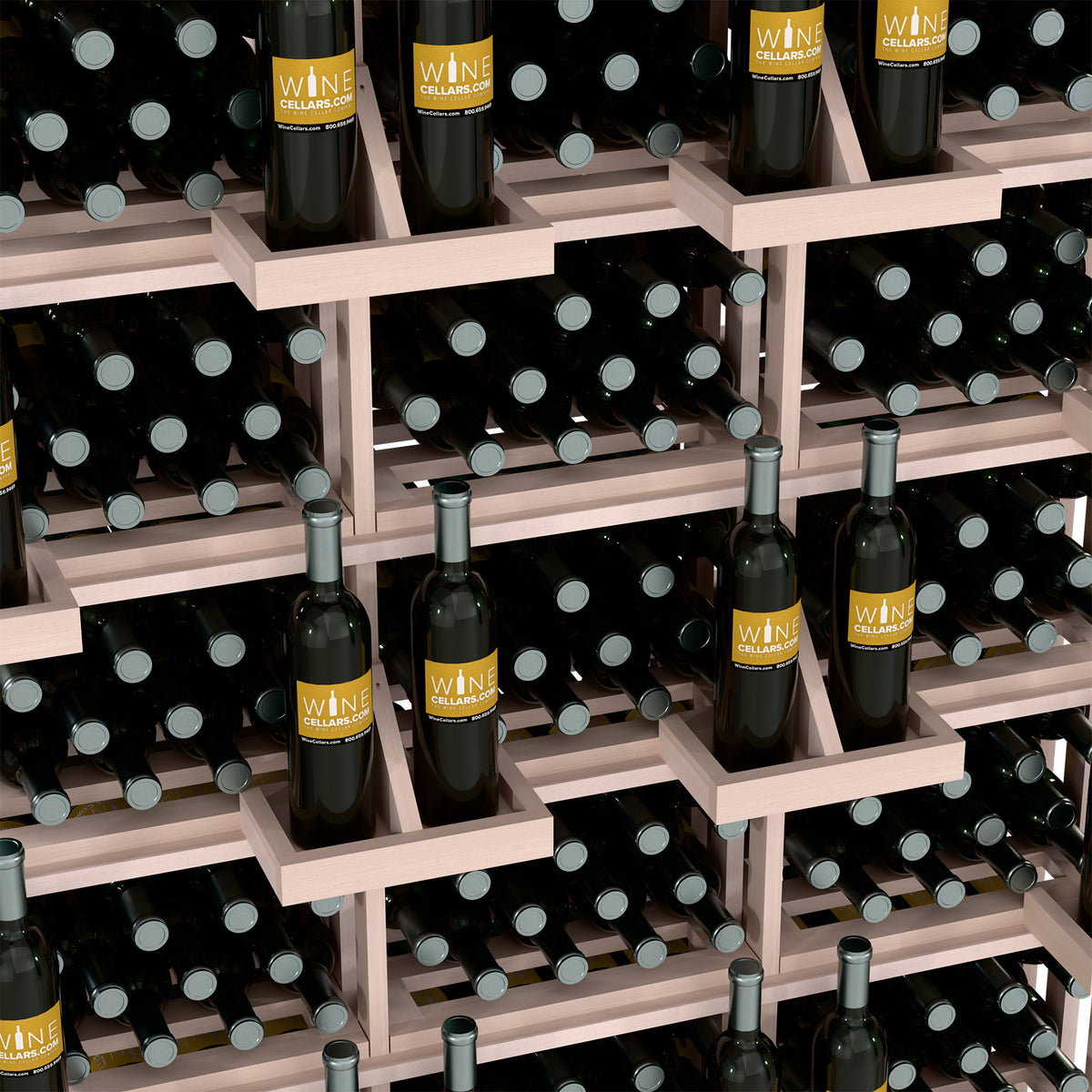Grey-toned wall-mounted wooden wine bottle rack with multi-tier shelves