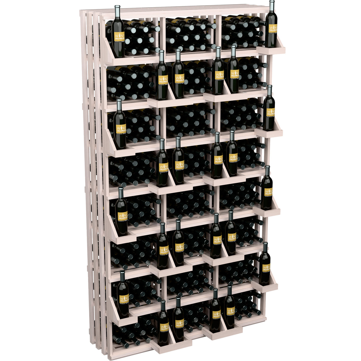 Whitewashed wooden wine bottle rack with stacked tiers and bottles in black cutouts