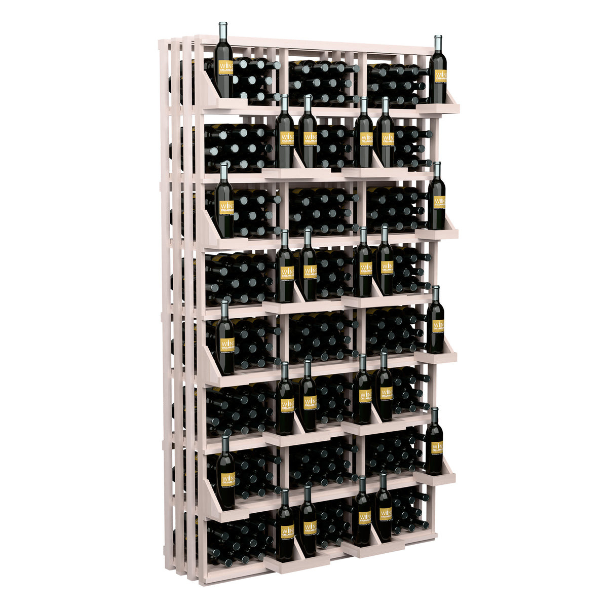 White wine bottle display rack with tiered shelves holding bottles in black circular inserts
