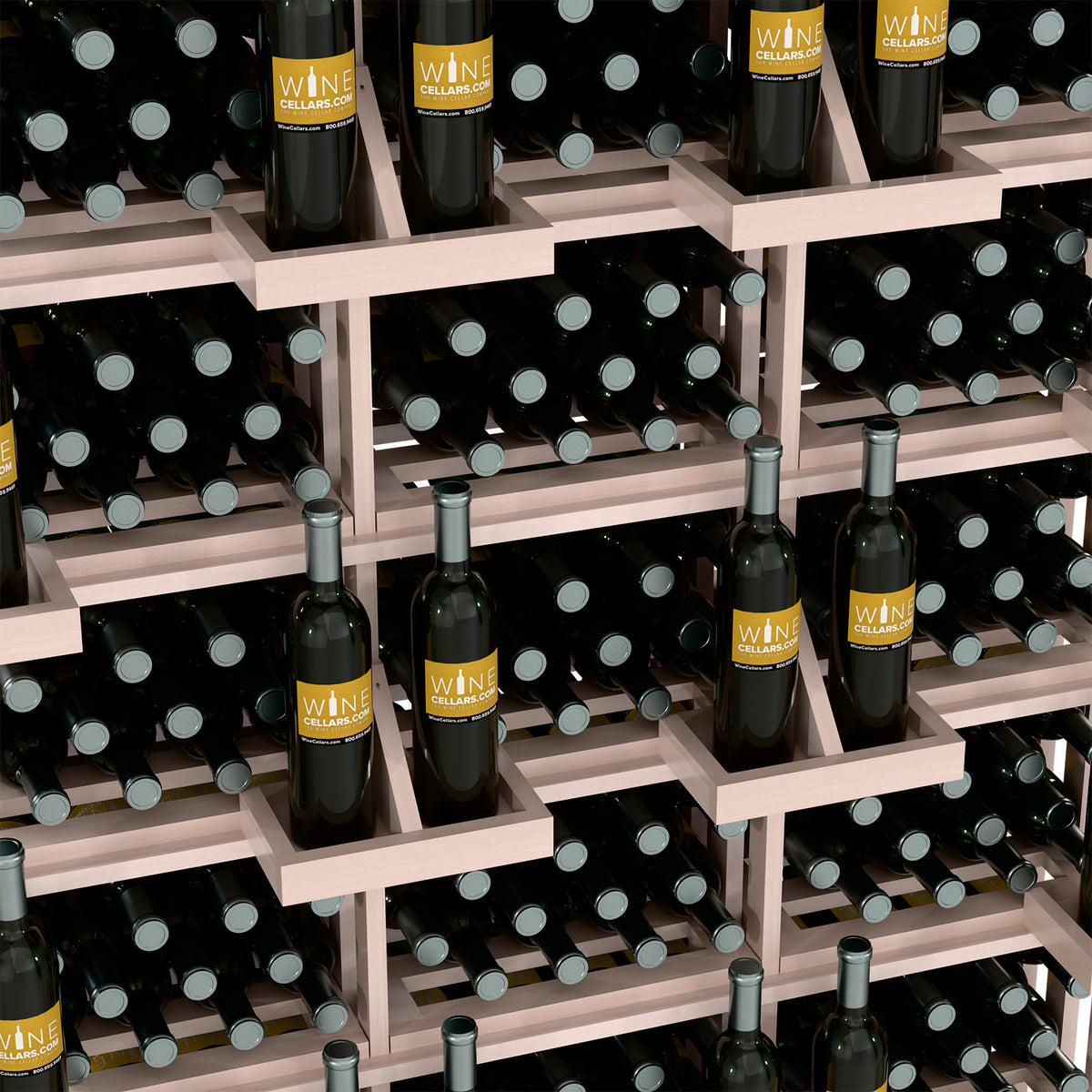 Whitewashed wood wine bottle wall display with tiered shelves and bottle rows