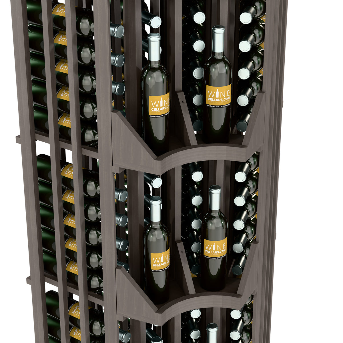Gray curved corner wine display with stacked bottle slots behind vertical wood slats