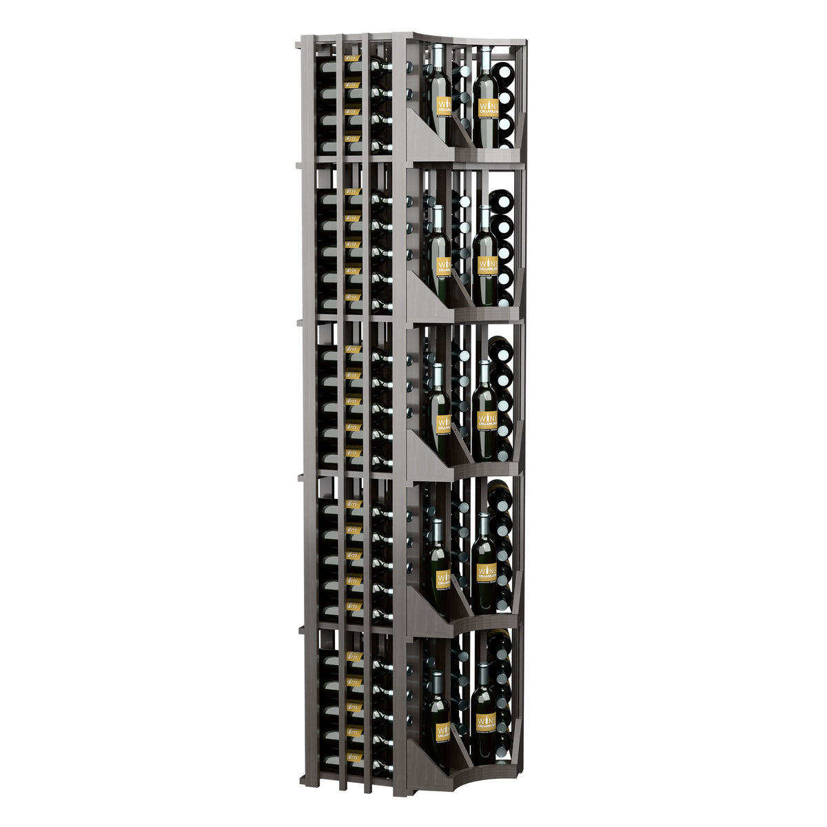 Tall dark gray curved corner wall wine display with 4 columns of bottle slots