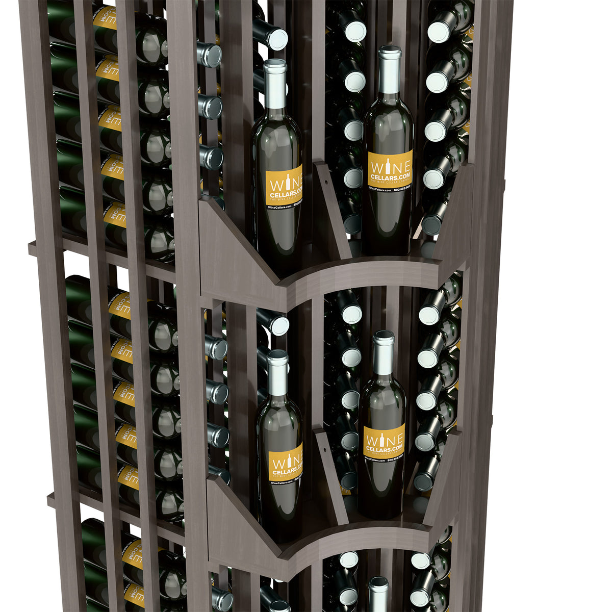 Gray curved corner wine display close-up of bottle slots and front divider shelves