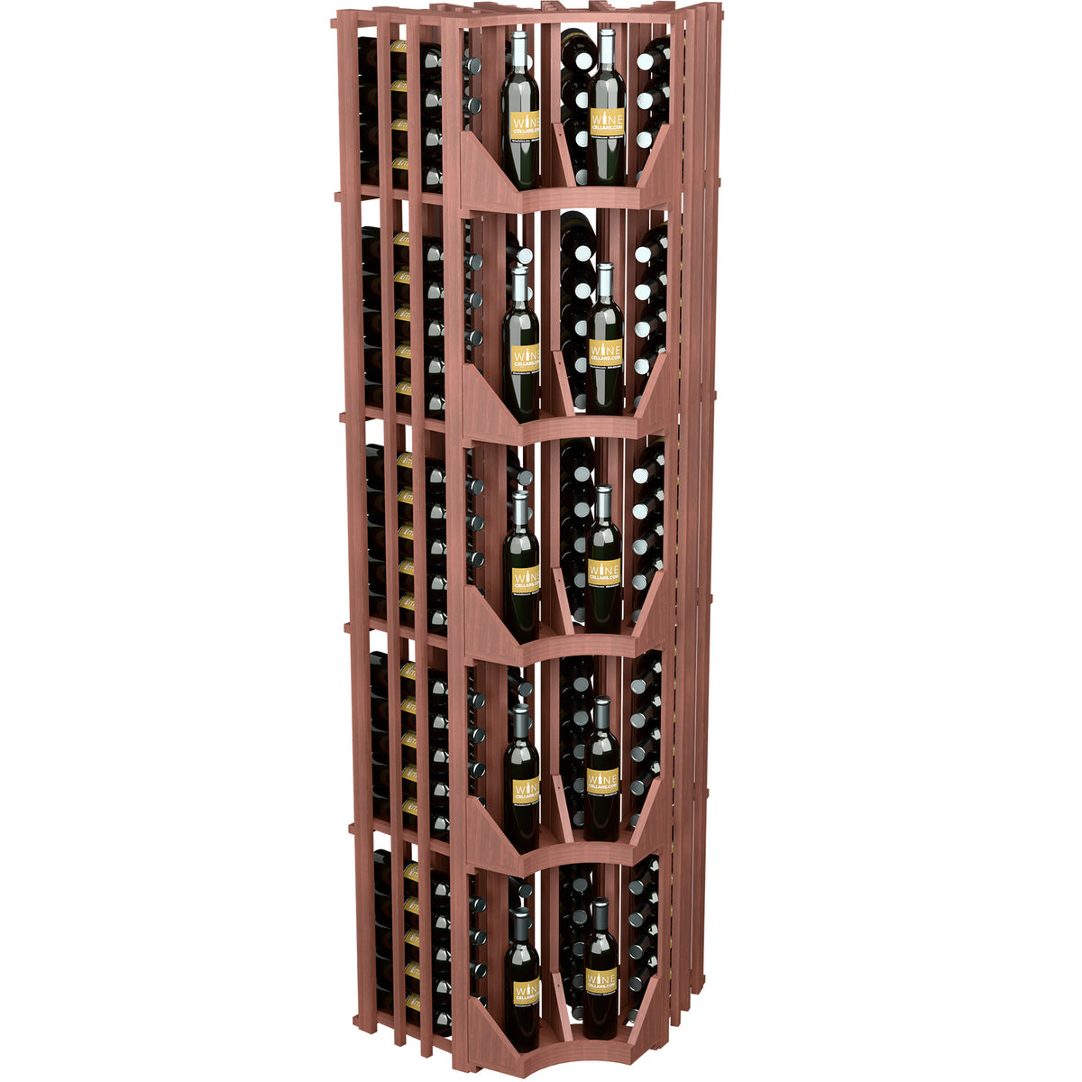 Wood wine bottle wall display rack with curved corner and four columns, dark brown