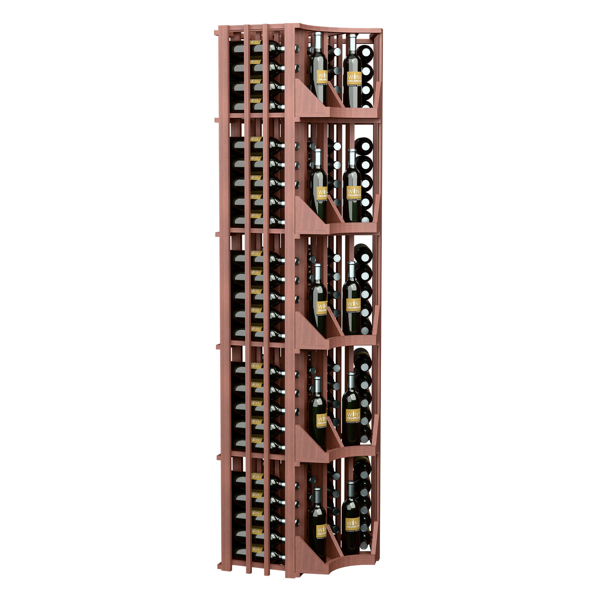 Curved corner wine display rack with four columns and vertical bottle slots in dark wood