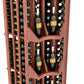 Close-up of dark wood wine rack compartments with bottle neck openings and divider shelves