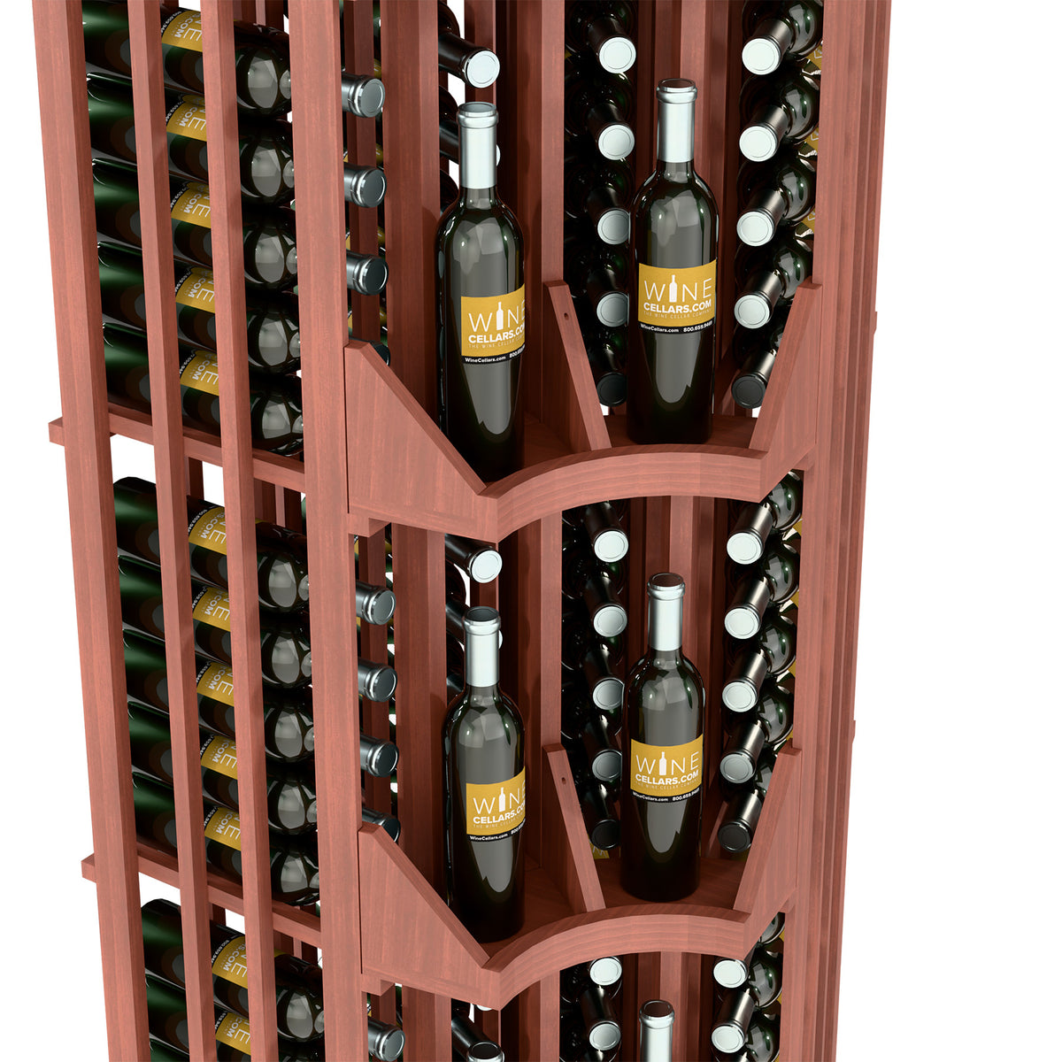 Close-up of dark wood wine rack compartments with bottle neck openings and divider shelves