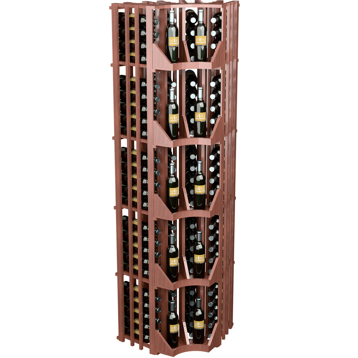 Four-column curved corner wine bottle wall display rack in dark stained wood