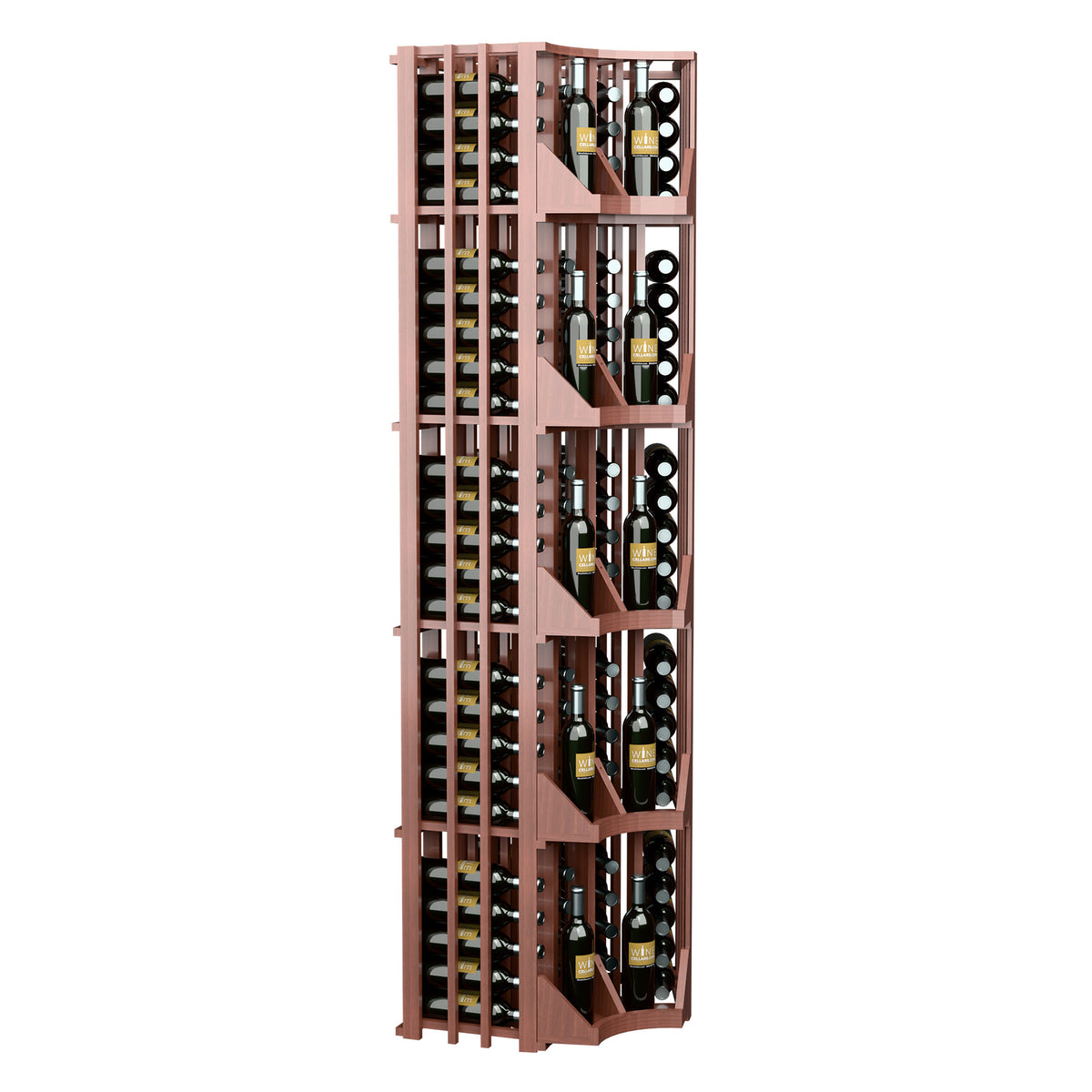 Tall curved corner wine rack with four columns, vertical slats, and dark wood frame