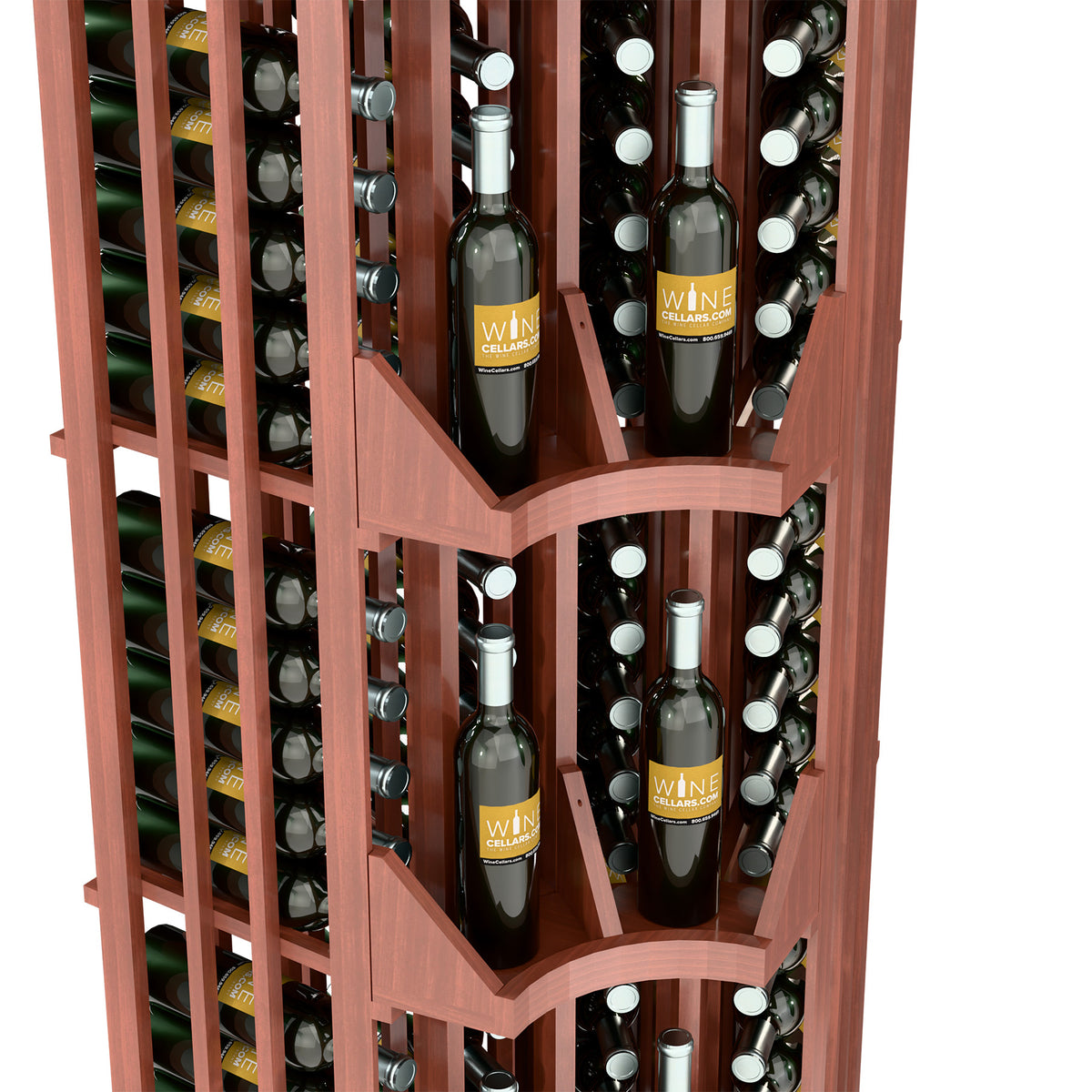 Close-up of dark wood wine rack with four bottle rows and angled wooden dividers