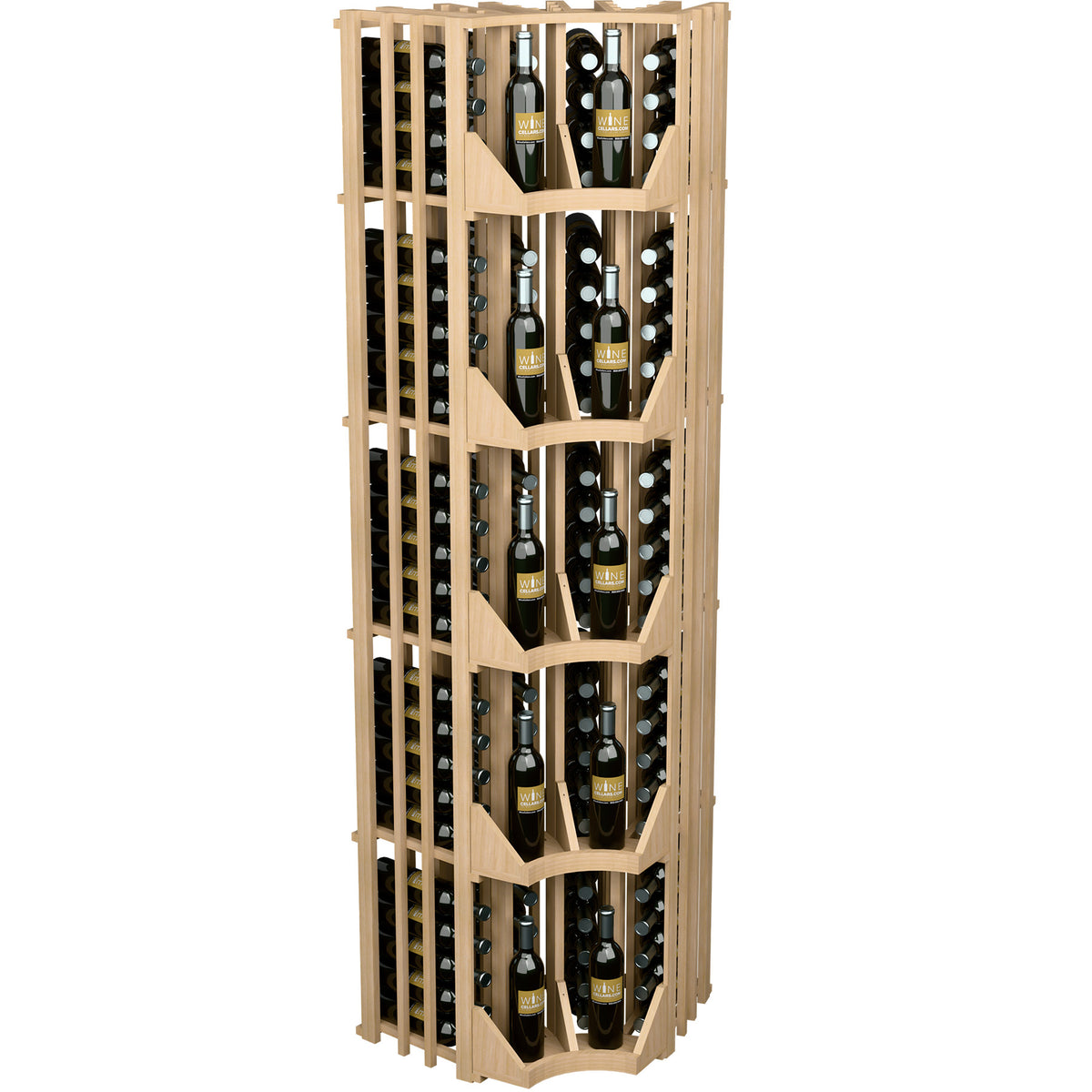 Light wood wine bottle wall display rack with curved corner and four columns