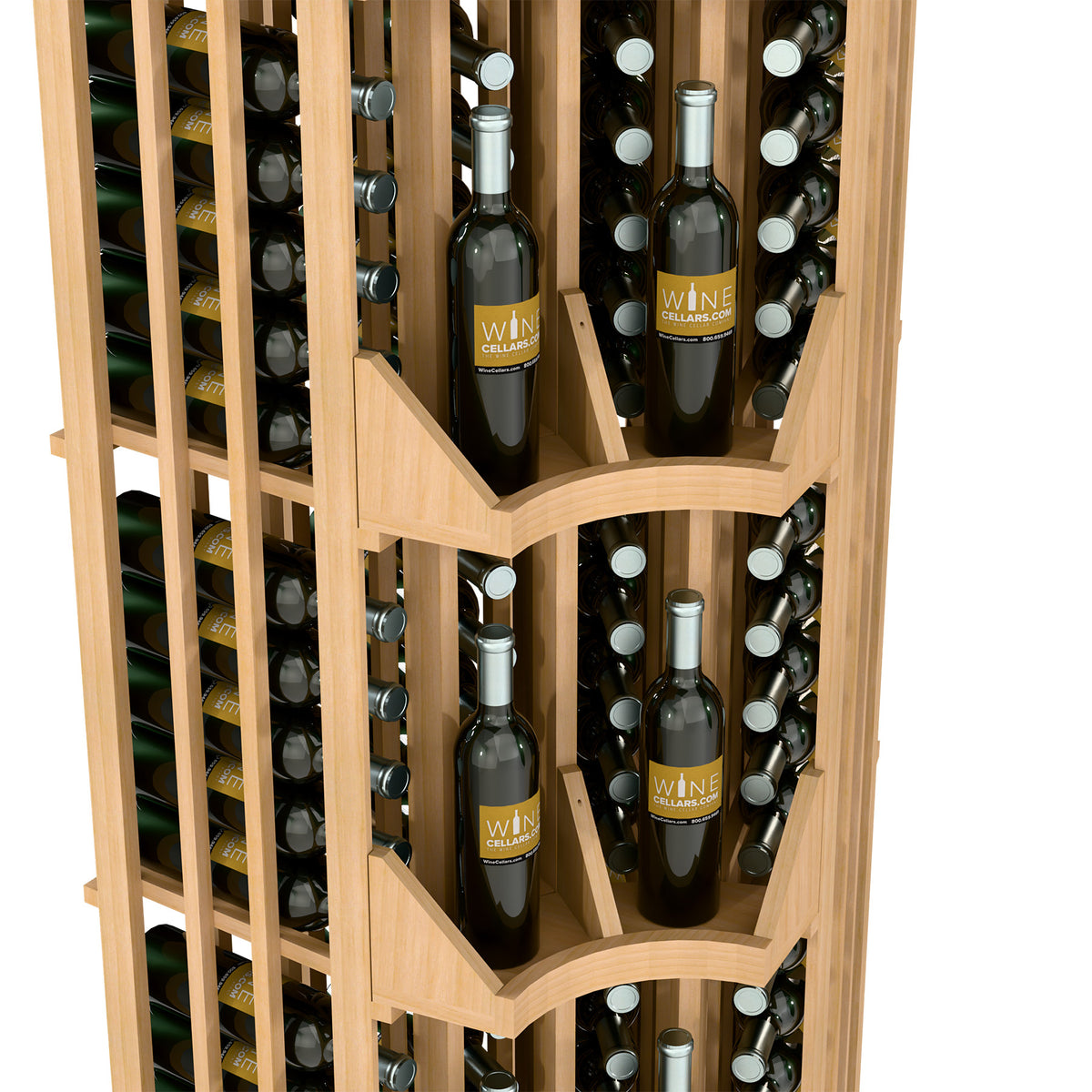 Close-up of light wood wine rack compartments with bottle neck openings and dividers