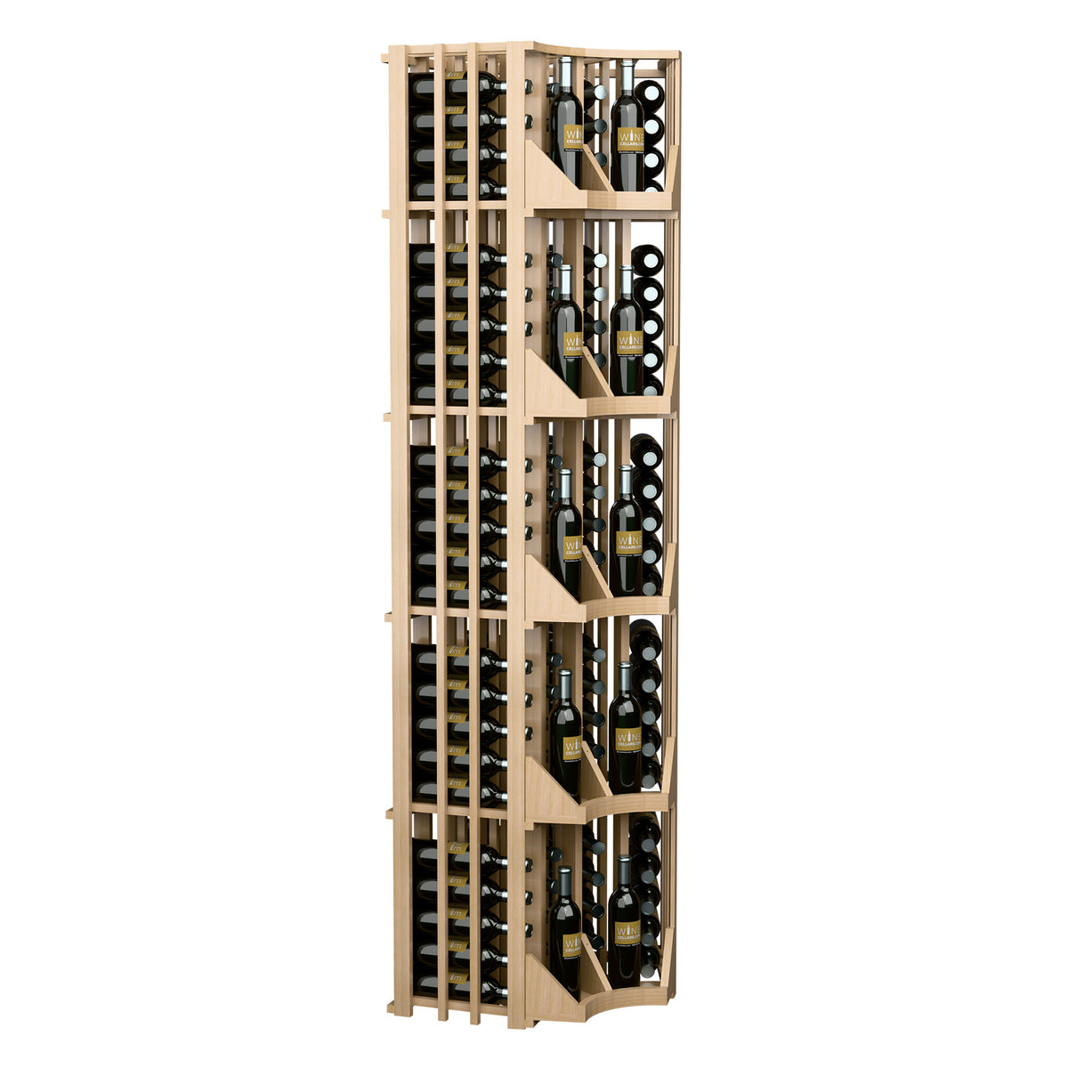 Curved corner wine wall display rack with 4 columns, light wood slats, bottles shown.