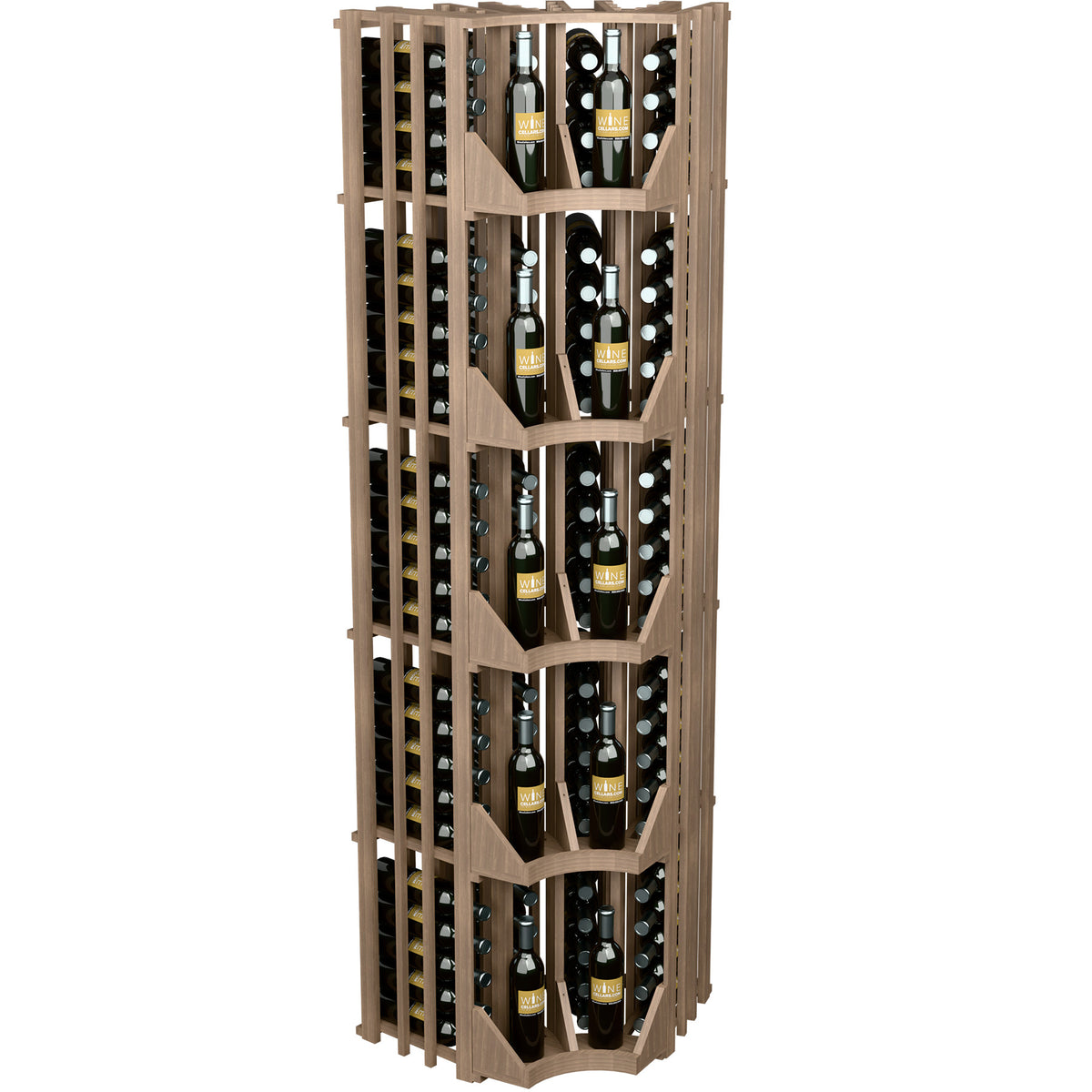 Curved corner wine display rack with 4 columns, light wood frame and bottle cradles.
