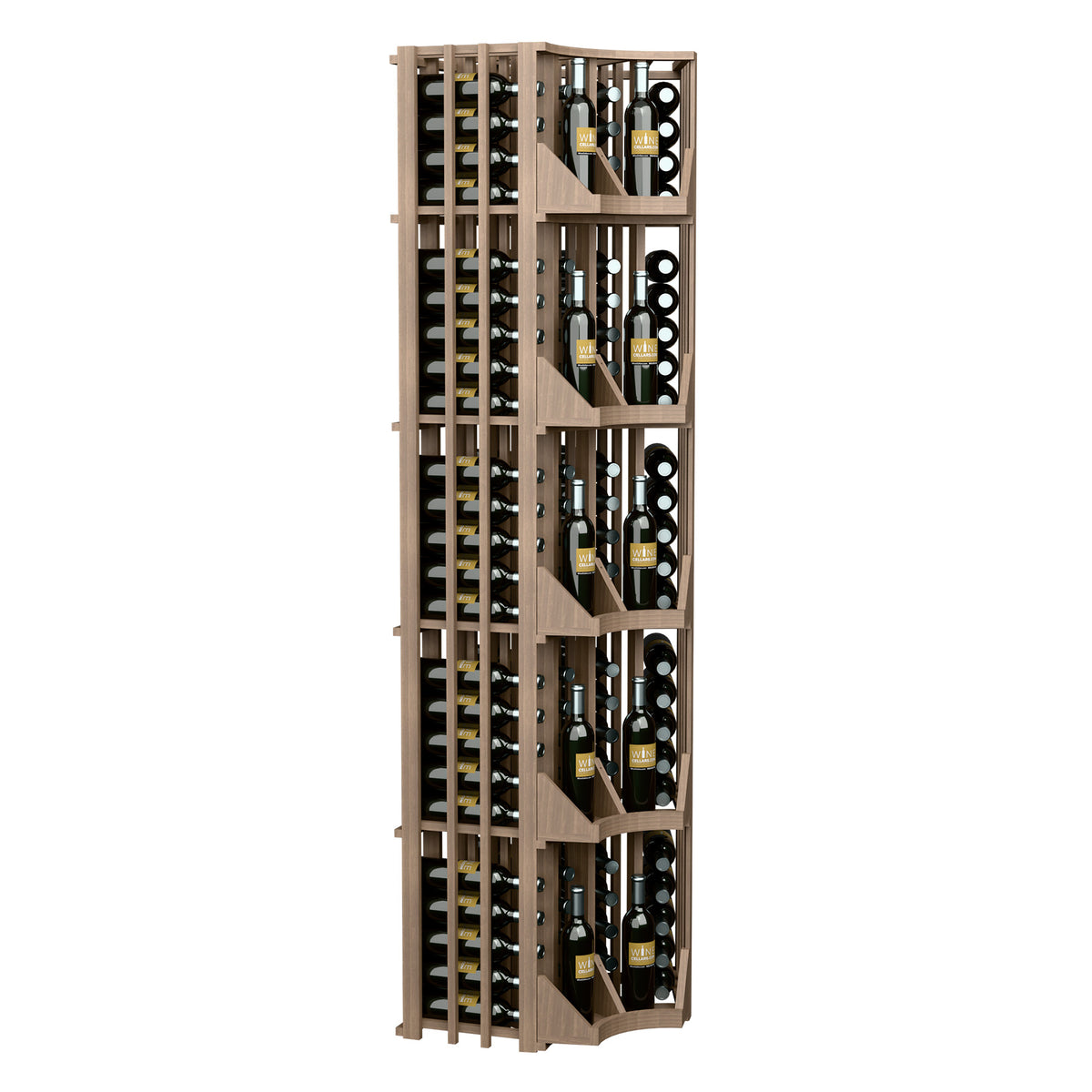 Tall curved corner wine wall display rack, light wood slats with four bottle columns.