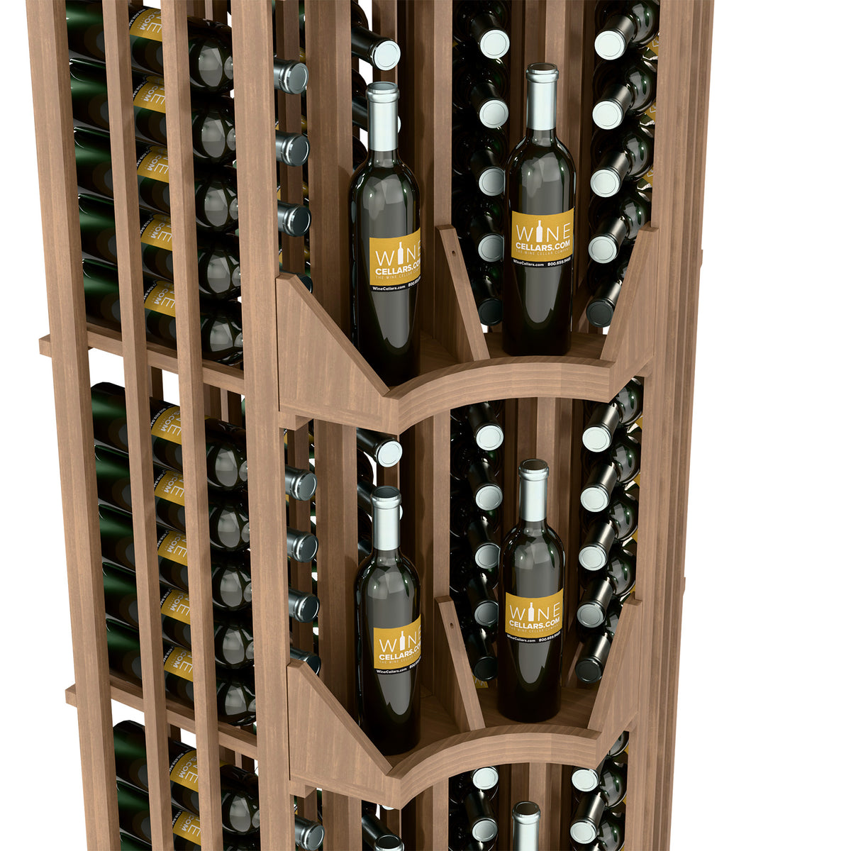 Angled view of curved corner wine rack, light wood shelves and bottle compartments.