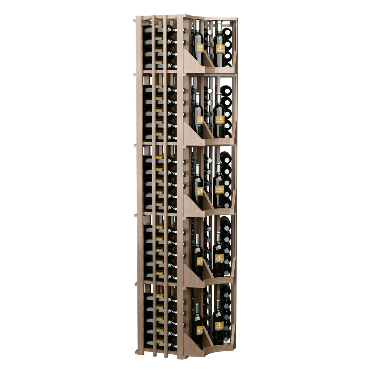Front view of curved corner wine wall display rack, light wood slats holding bottles.