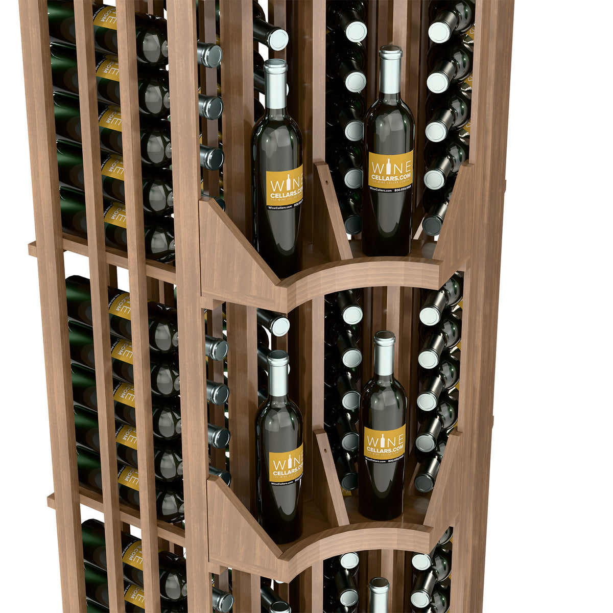 Close-up of curved corner wine rack, light wood dividers with wine bottles arranged.