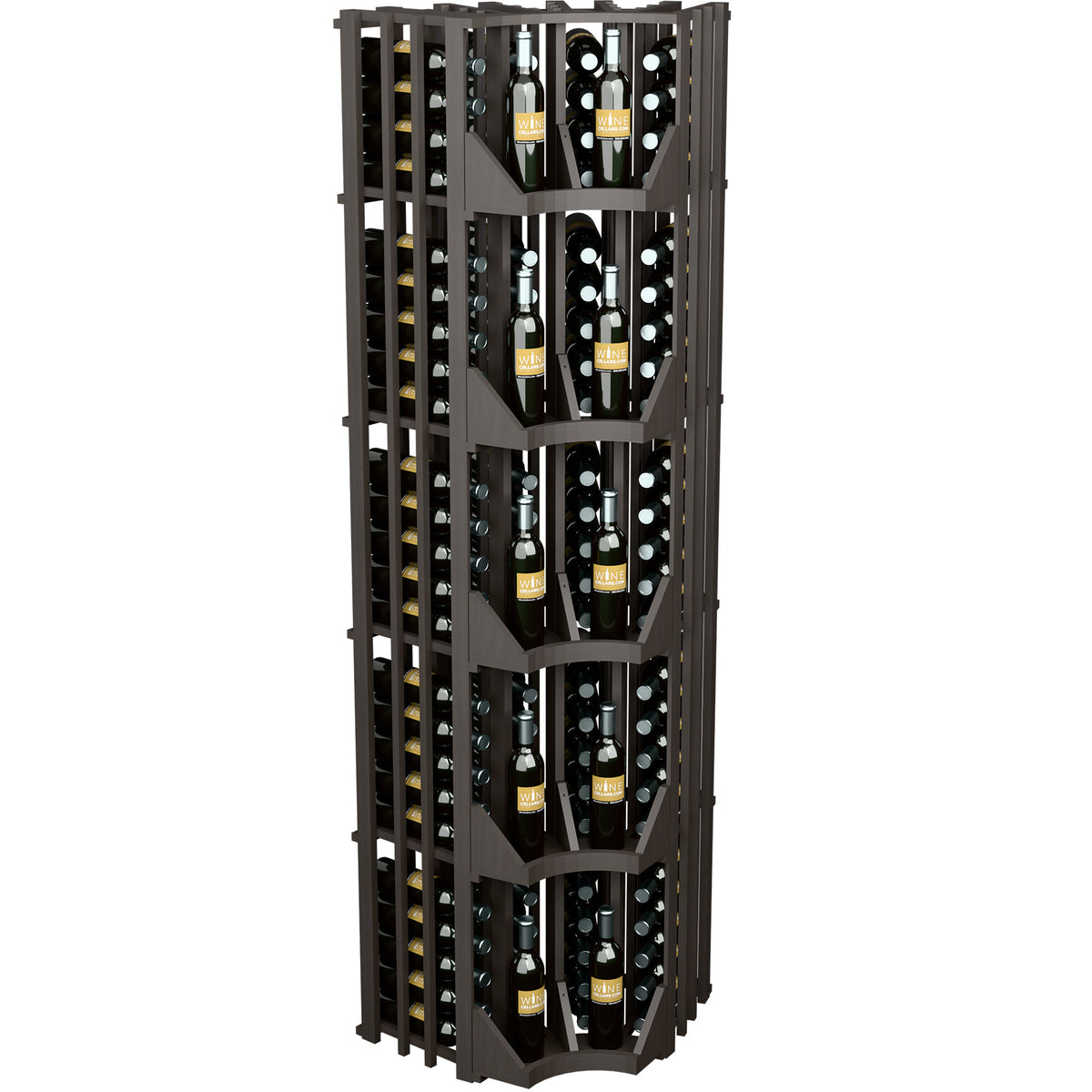 Curved corner wine wall display rack with 4 columns, dark wood slats and bottles.