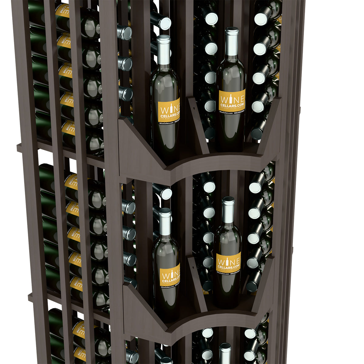 Dark wood four-column curved-corner wine bottle wall display with bottle slots