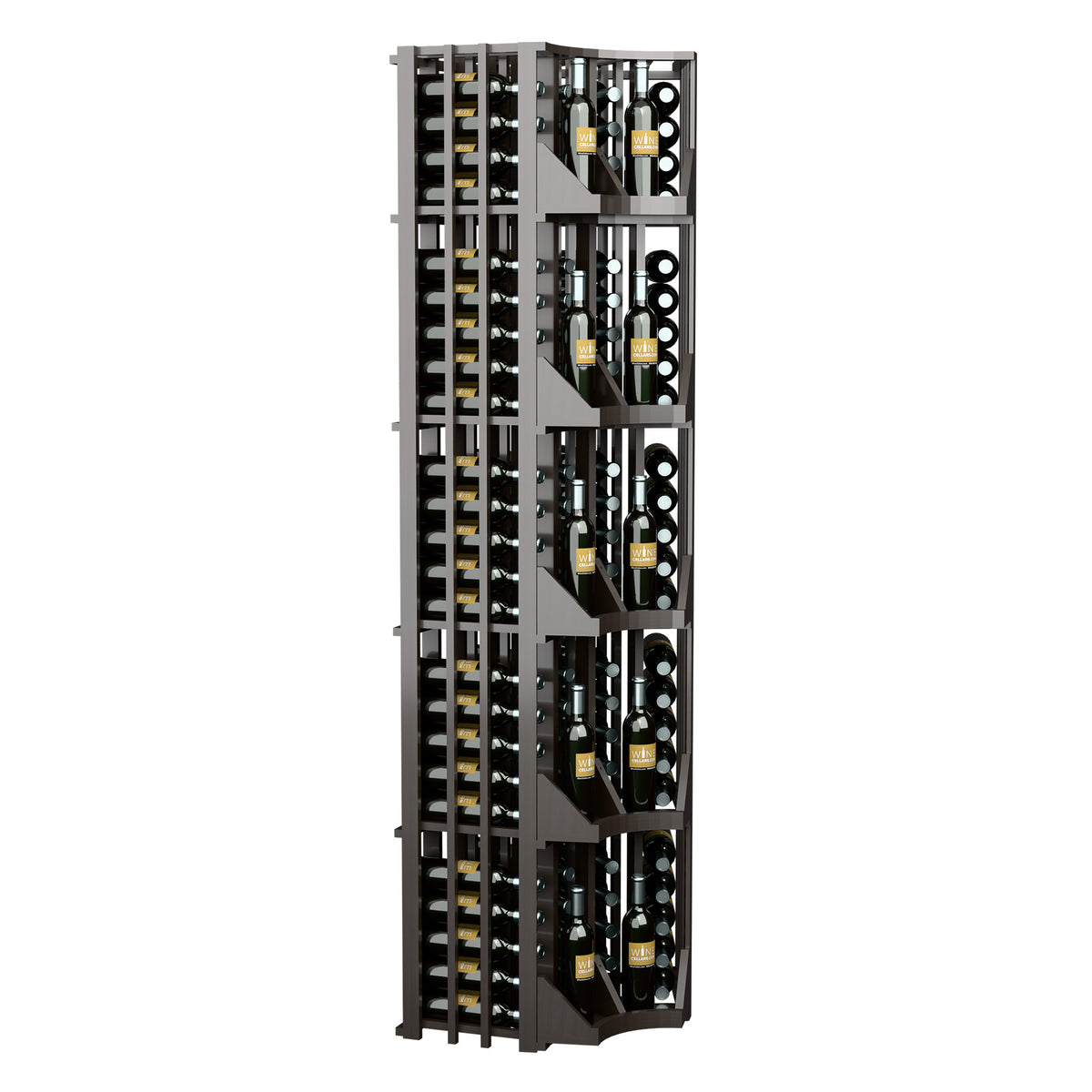 Dark wood corner wine bottle rack in profile, four columns with bottle slots