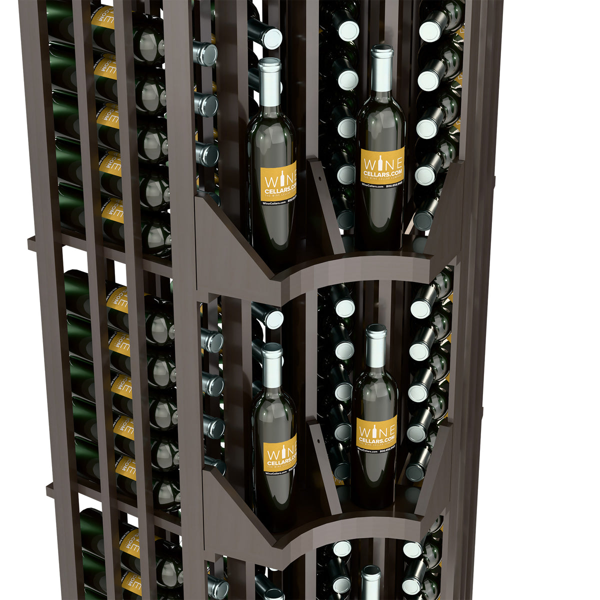 Dark wood curved corner wine bottle display with rows of capped bottles in slots