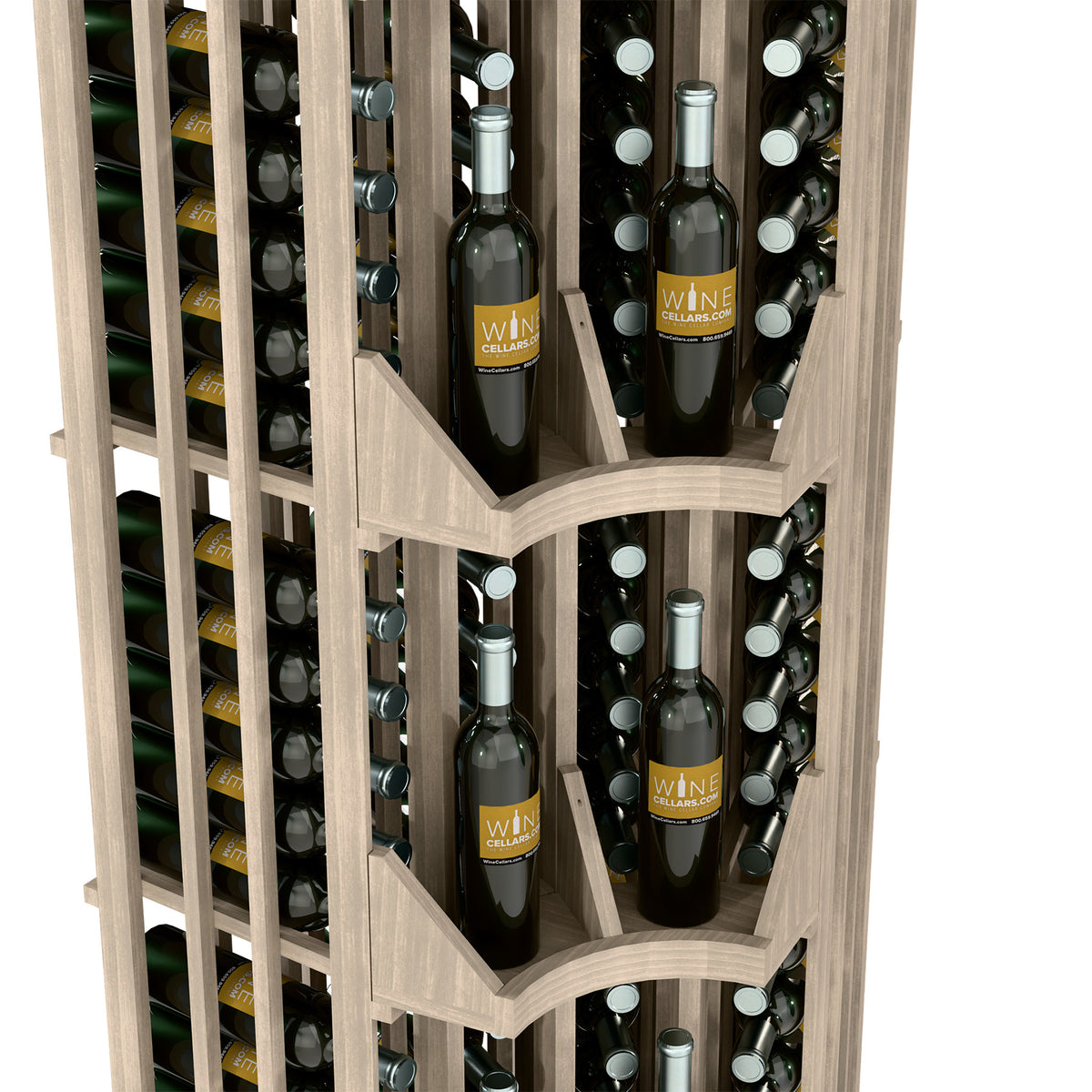 Light wood curved corner wine bottle display with rows of capped bottles in slots