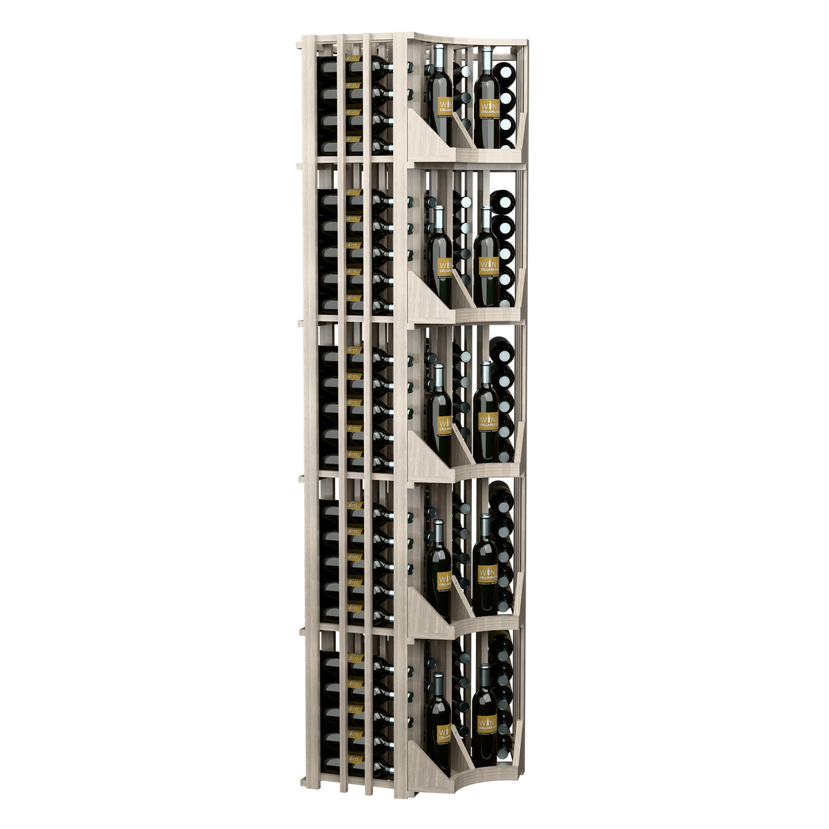 Light wood corner wine bottle rack in profile, four columns with bottle storage
