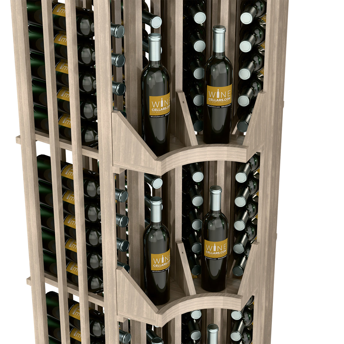 Light wood curved corner wine bottle display with rows of capped bottles in shelves