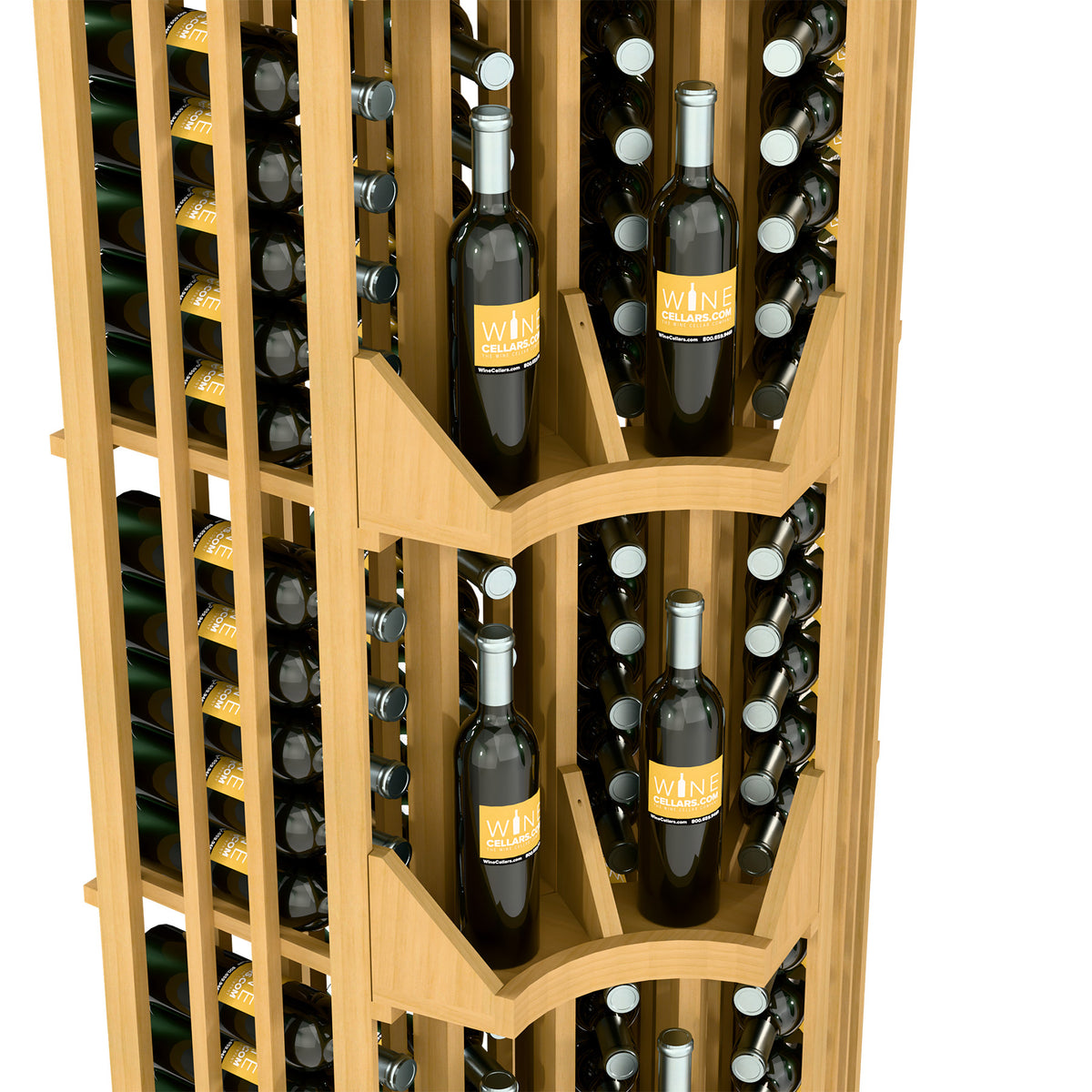 Close-up of light wood curved wine bottle display with stepped dividers and bottle slots