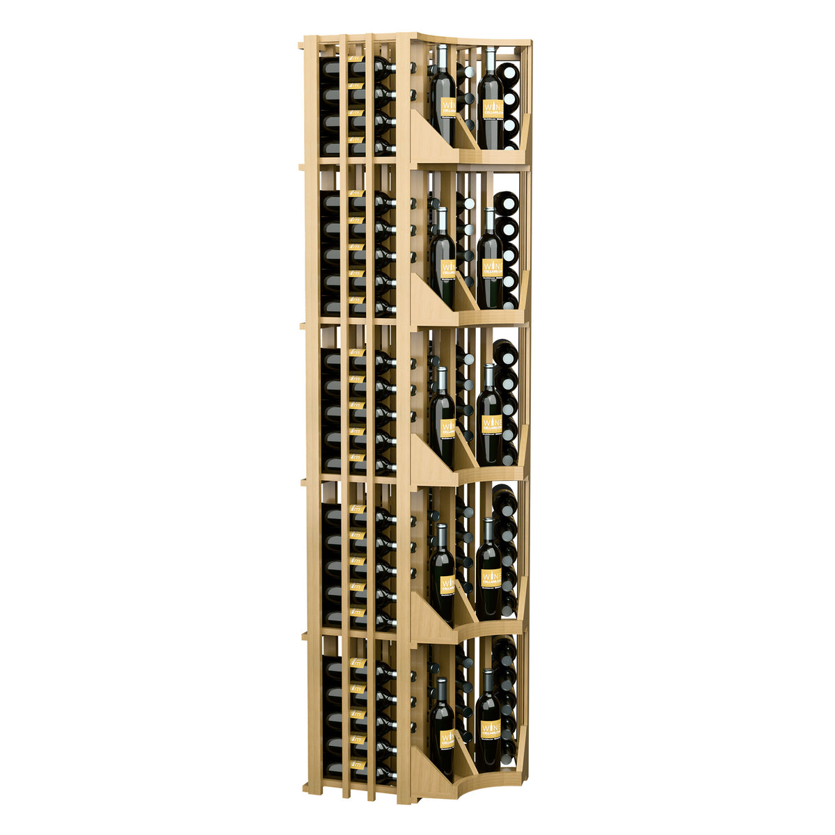 Light wood curved corner wine bottle display showing tall frame and 4-column layout