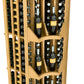 Close-up of light wood curved wine bottle wall display with stepped interior shelves
