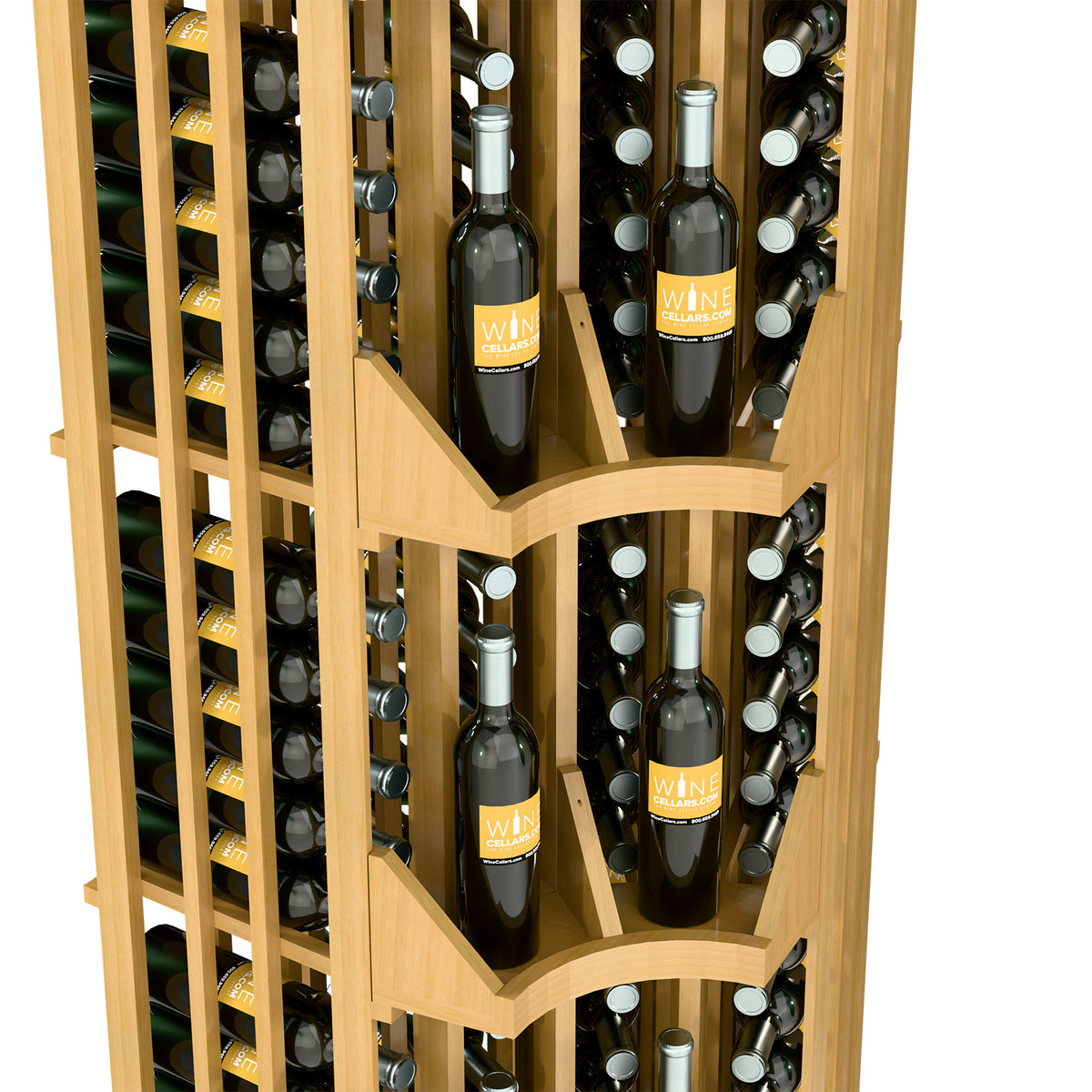 Close-up of light wood curved wine bottle wall display with stepped interior shelves