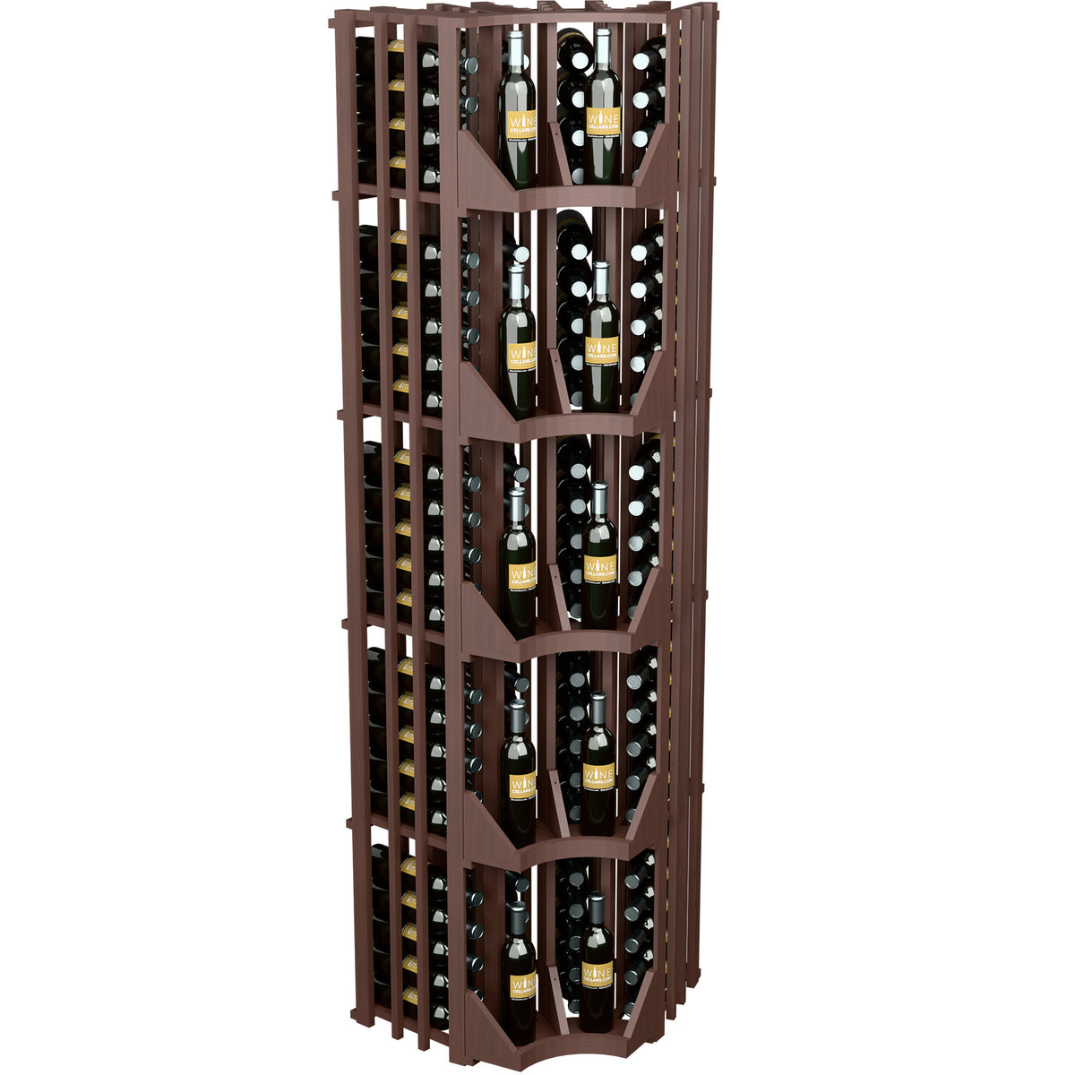 Dark brown 4-column curved corner wine bottle wall display with open lattice shelves