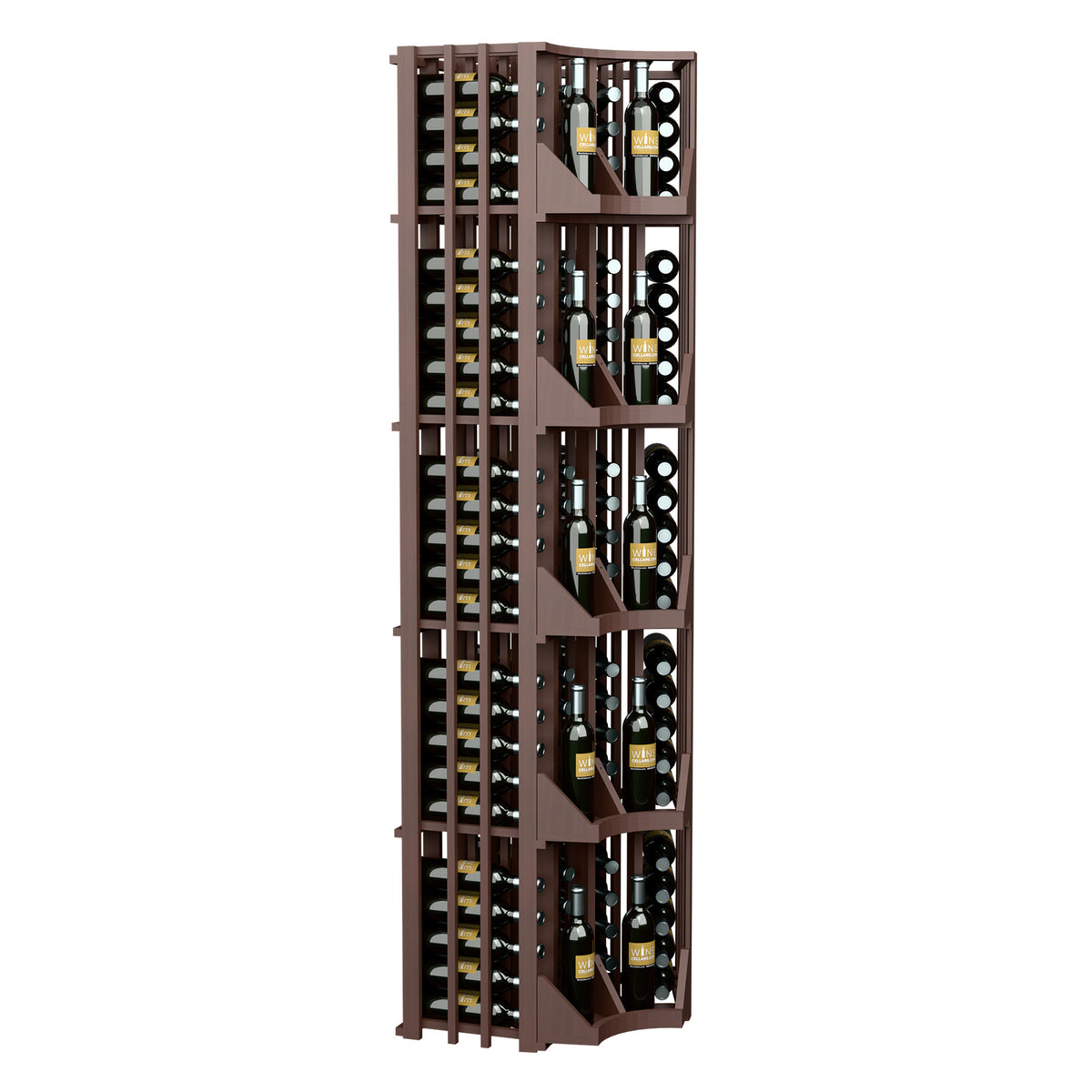 Dark brown tall curved corner wine bottle wall display with 4 vertical columns