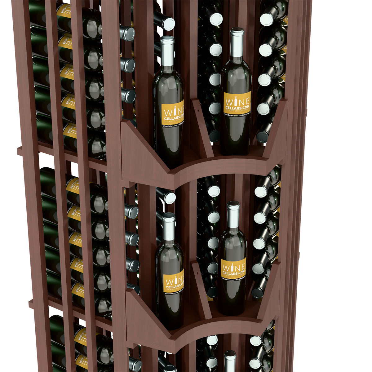 Close-up of dark brown curved wine bottle display with stepped dividers and bottle slots